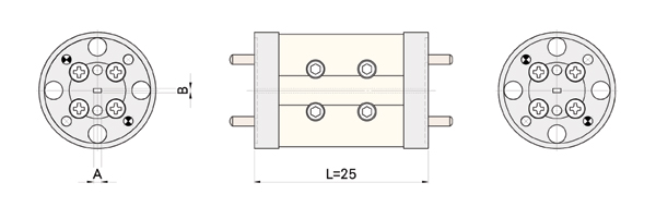 A,Bは口径のE面とH面,Flangeを含めた導波管の長さは25mmが標準です。変更をご希望の際は寸法をご連絡ください。