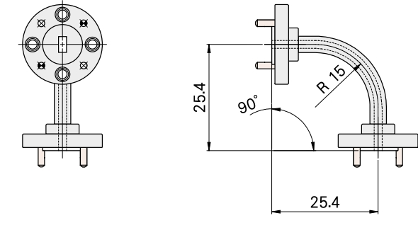 ２つのフランジ面に対して90度の角度から見たとき、各フランジの口径の中心を対角とする長方形の縦と横がL1,L2です。ベンドのカーブの急さを直径R(mm)の円の円周で表しています。