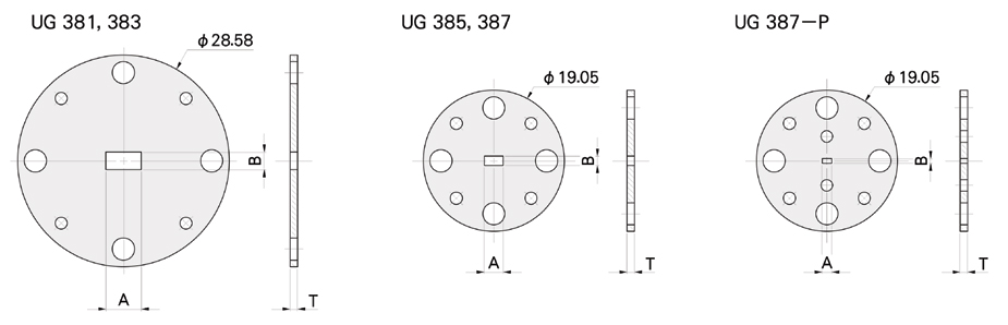 UG381,383の径がφ28.58mm、UG385,387,UG387-Pの径がφ19.05mmでUG387-Pは精密ピンが２つ空いています。口径のA×Bに関しましては上記対応表をご覧ください。厚さTはご指定いただけます。